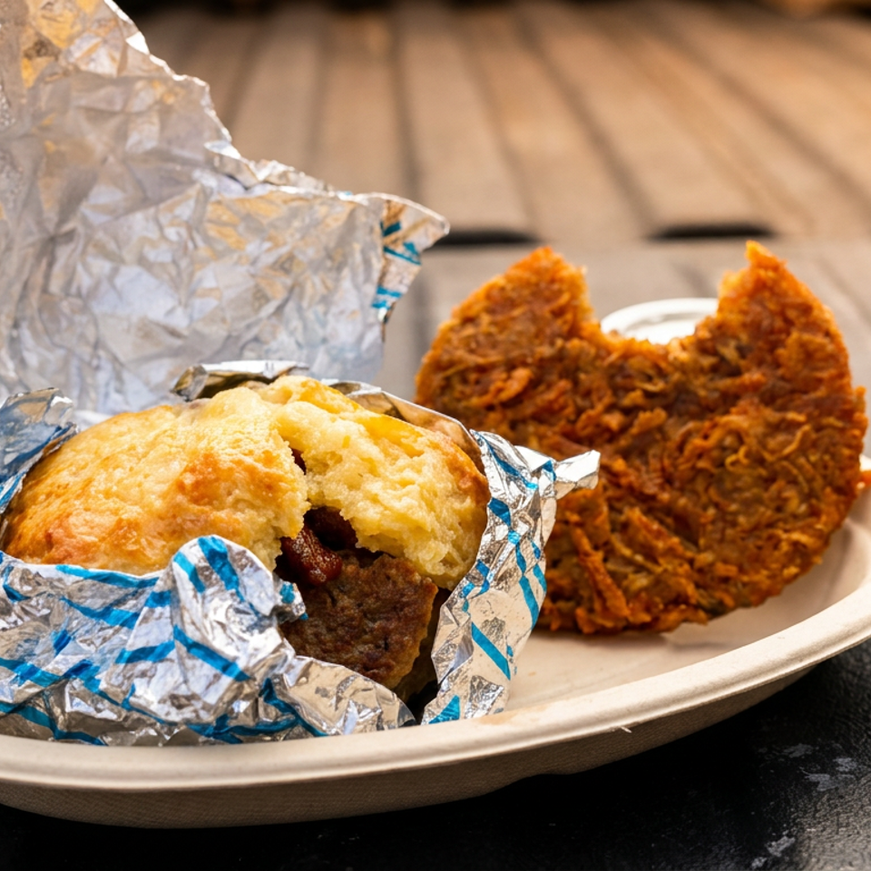 Plate holding a foil-wrapped stuffed biscuit and a crispy fried patty on a wooden table.