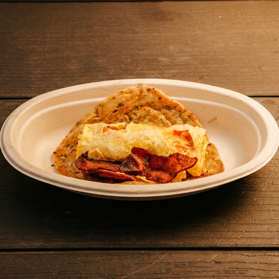 A plate of scrambled eggs and crispy bacon served over browned breakfast flatbreads on a rustic wooden table.