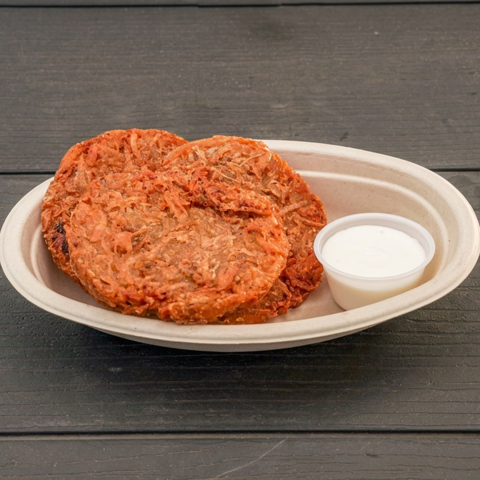 Two golden-brown fritters served on a compostable plate with a small cup of creamy dipping sauce.