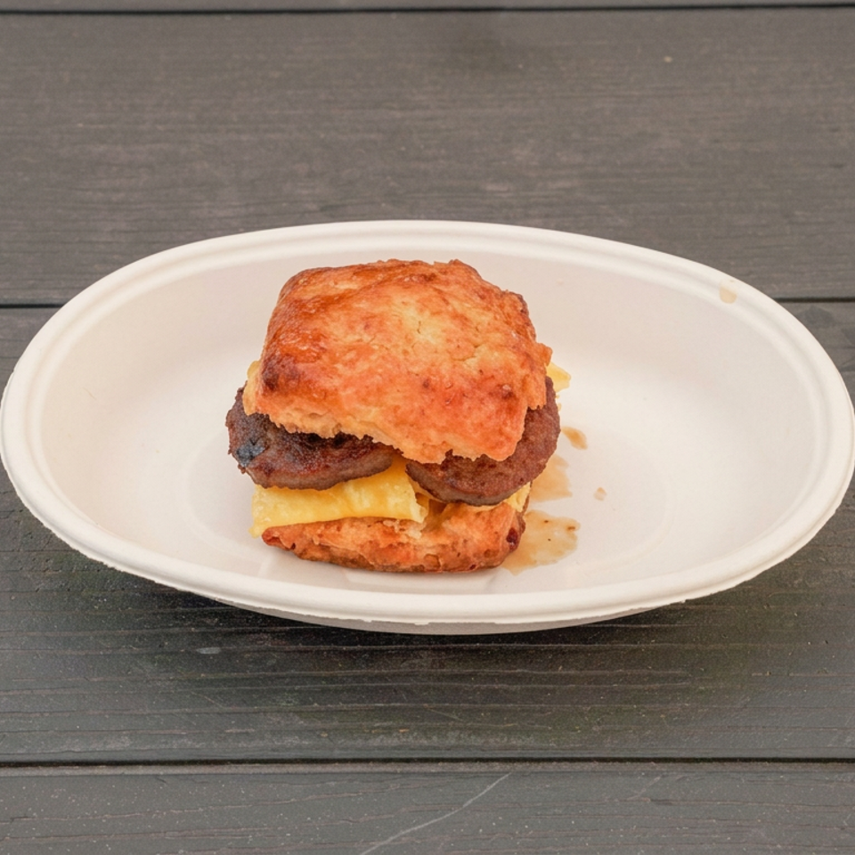 Biscuit sandwich with sausage and melted cheese served on a white oval plate atop a dark wooden table.