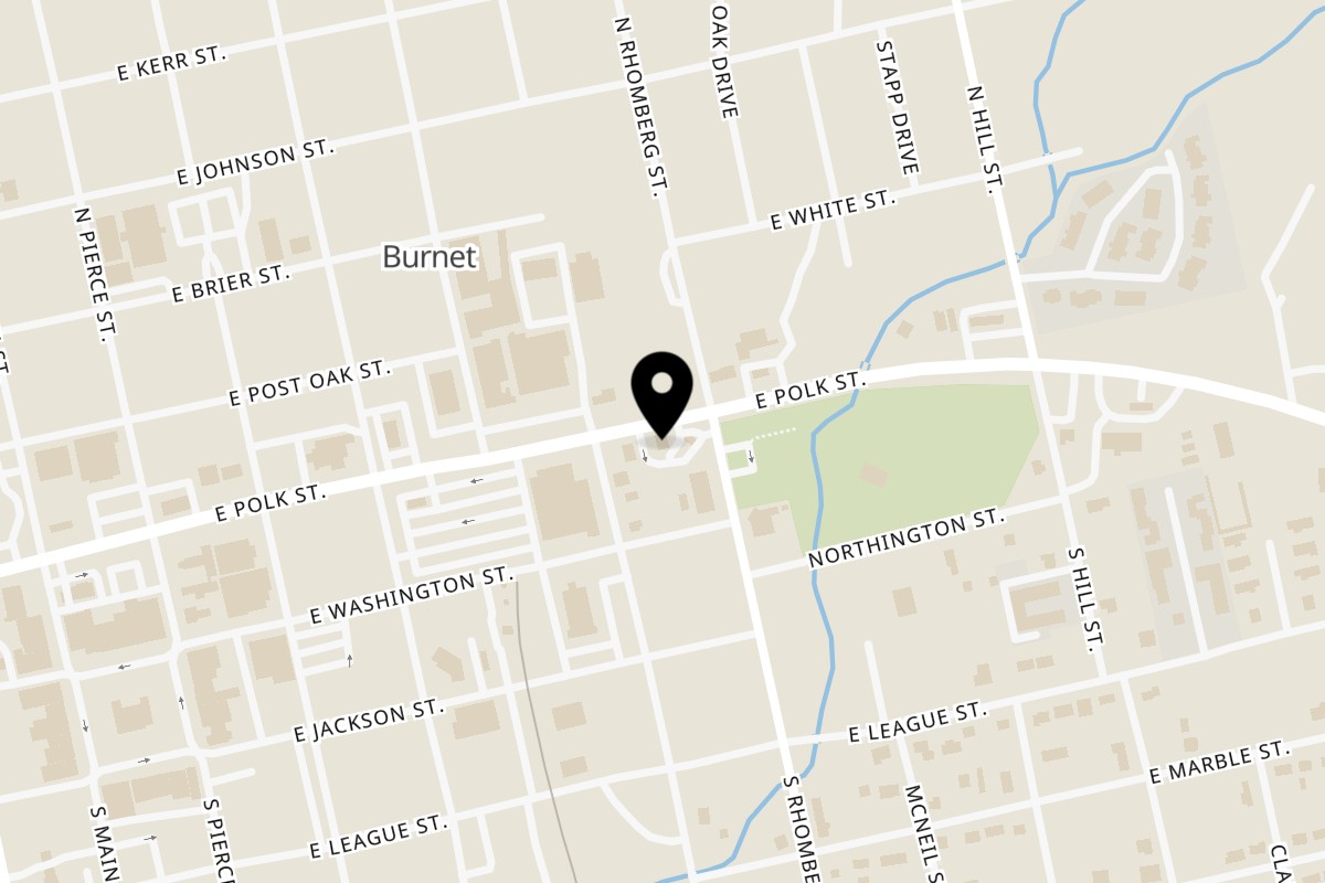 Map showing the location of T.M.R.F.E. on 607 E Polk St in Burnet